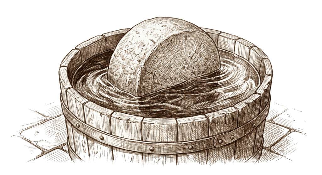 Cheese wheel immersed in brine vat