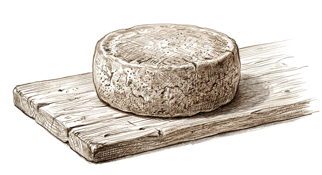 Aged cheese wheel on rustic wooden board
