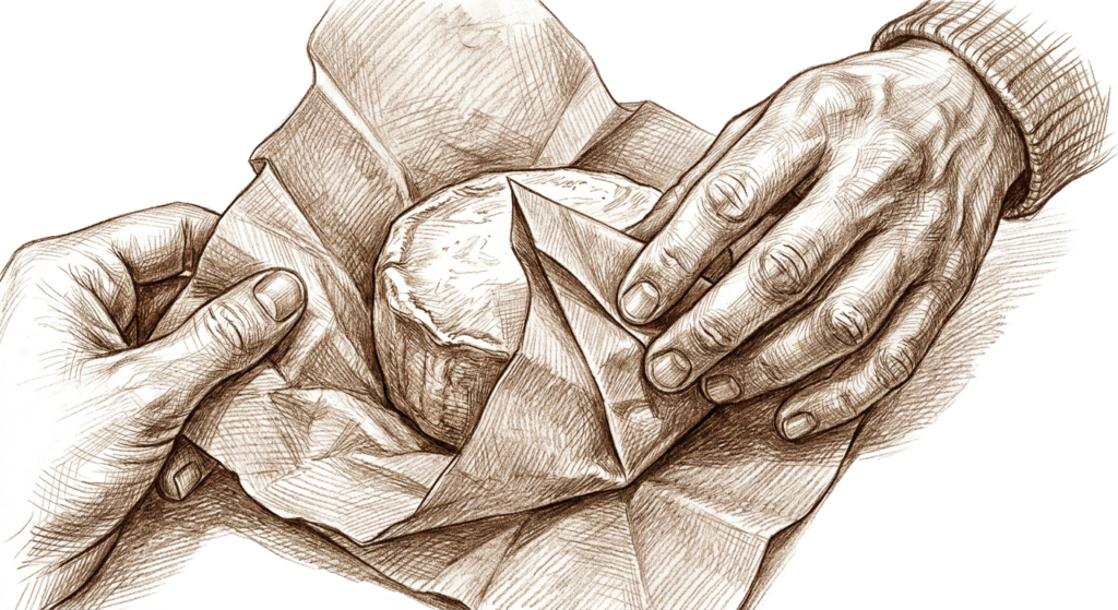 Hands packaging a cheese wheel by hand